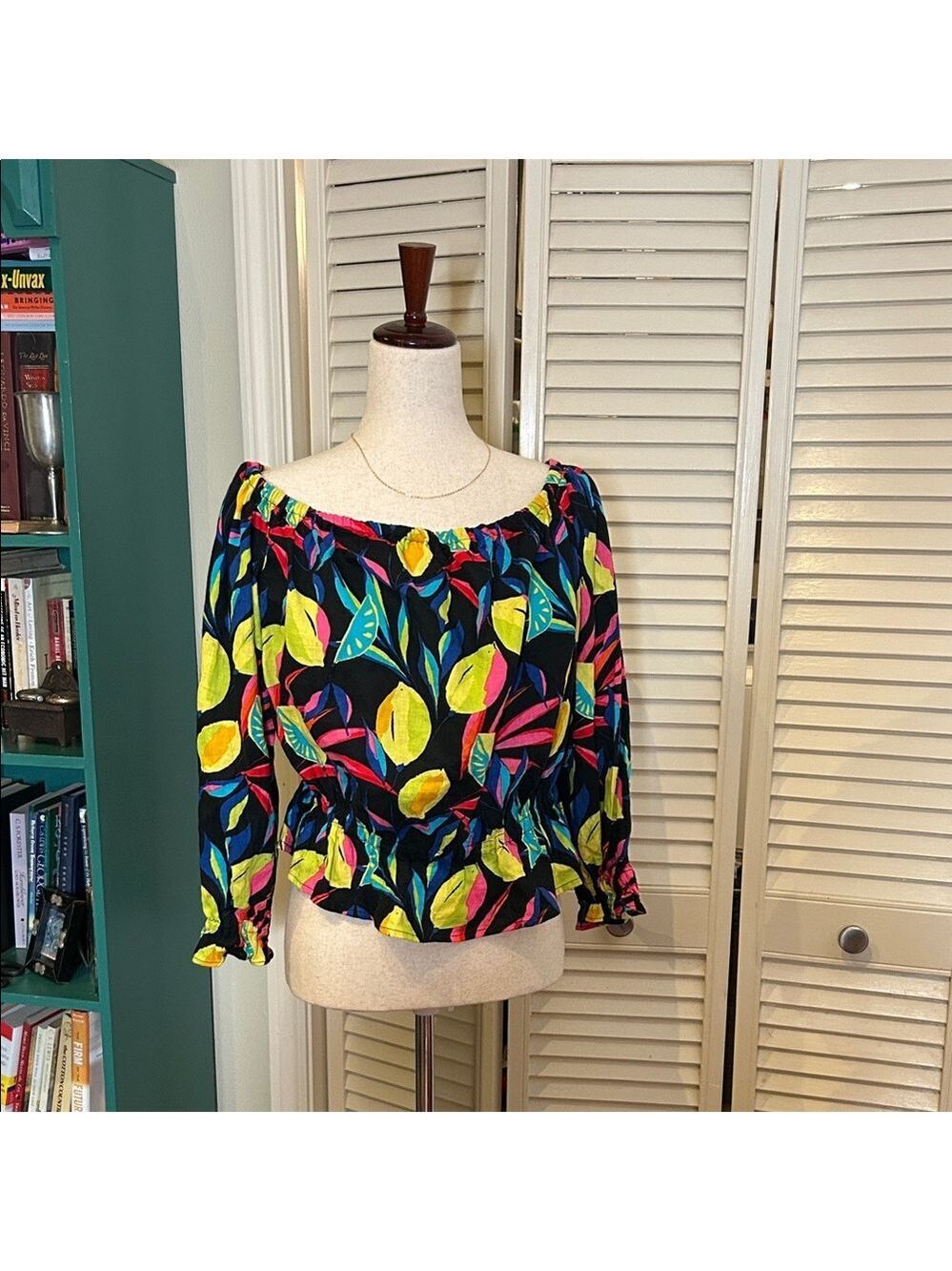 Tabitha Black Off-Shoulder Lemon & Leaf Peplum Blouse